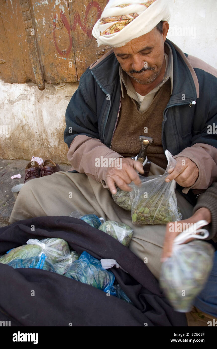 Un ritratto di un mercante tenendo un sacchetto di khat - una frondosa masticabili e stimolante droga legale - nel vecchio mercato di Sanaa, Yemen. Foto Stock