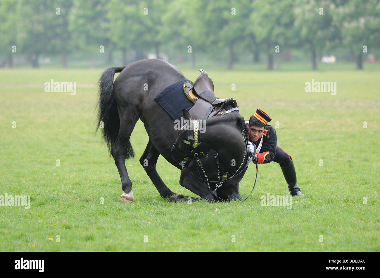 La famiglia di cavalleria reggimento montato praticare nell'Hyde Park di Londra. Foto Stock