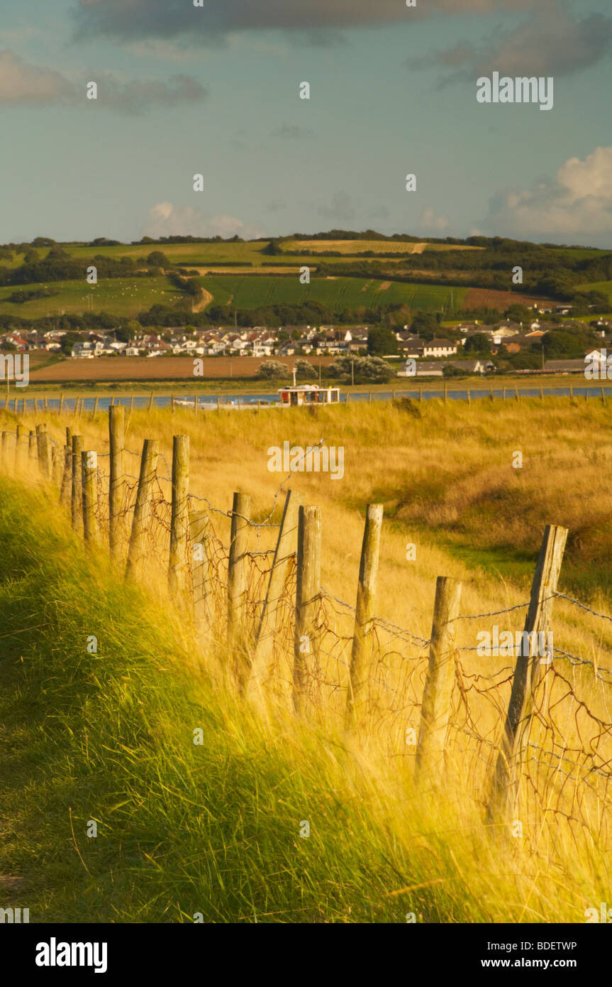 Fenceposts nelle dune a fianco del estuario di marea di Braunton Burrows in North Devon Regno Unito Foto Stock