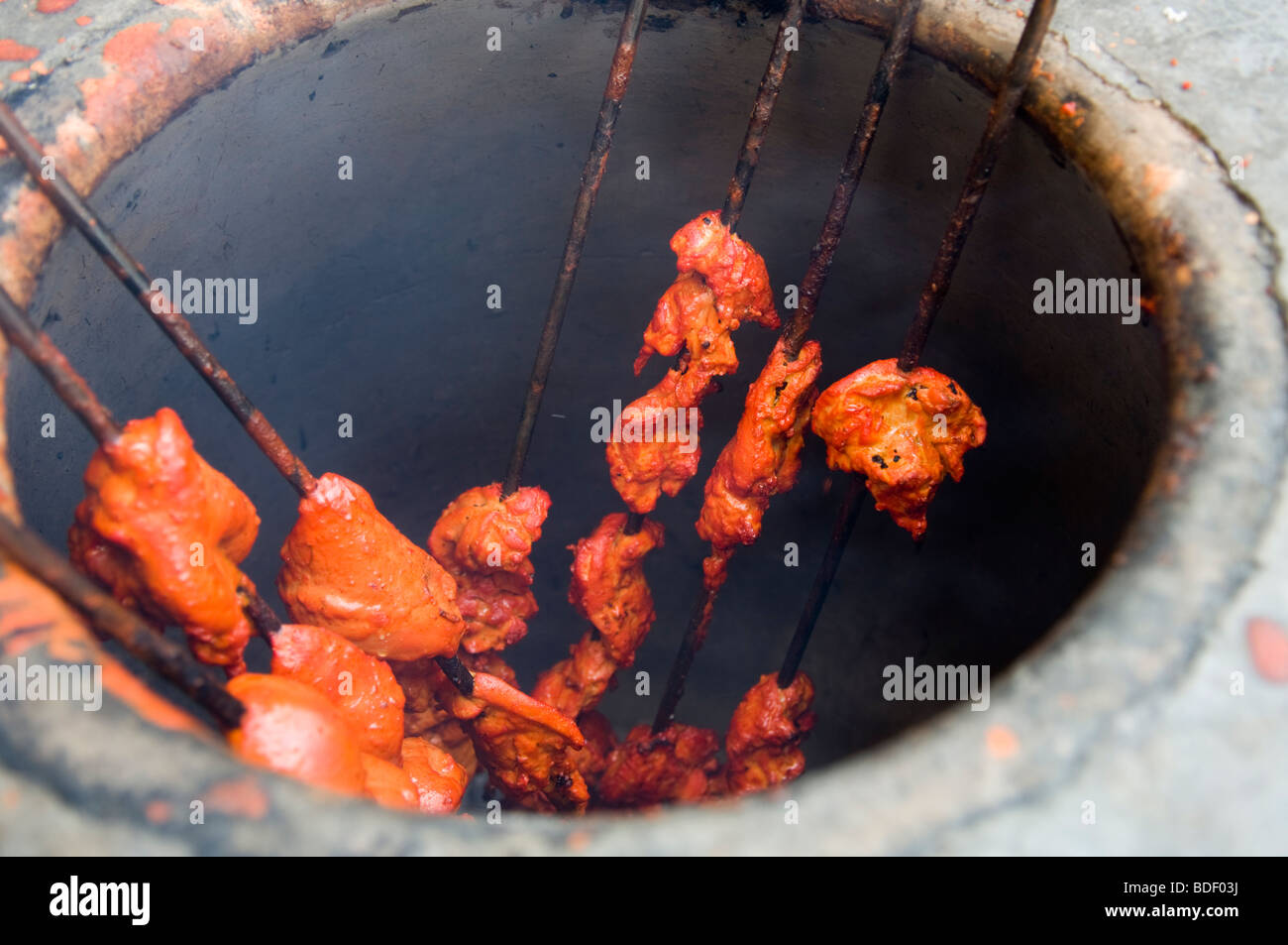 Pollo Tandoori cucinare al festival dopo la Indian Independence Day Parade di New York Foto Stock