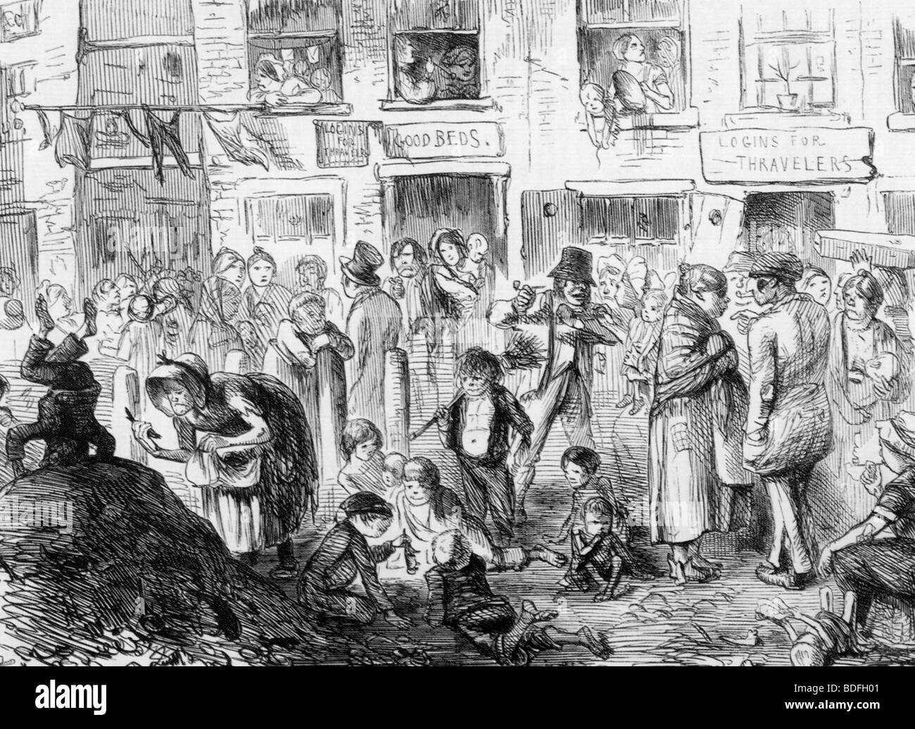 Alla corte di re il colera - metà del XIX secolo che mostra cartoon sovraffollati e le condizioni di vita che ha contribuito alla diffusione del colera Foto Stock