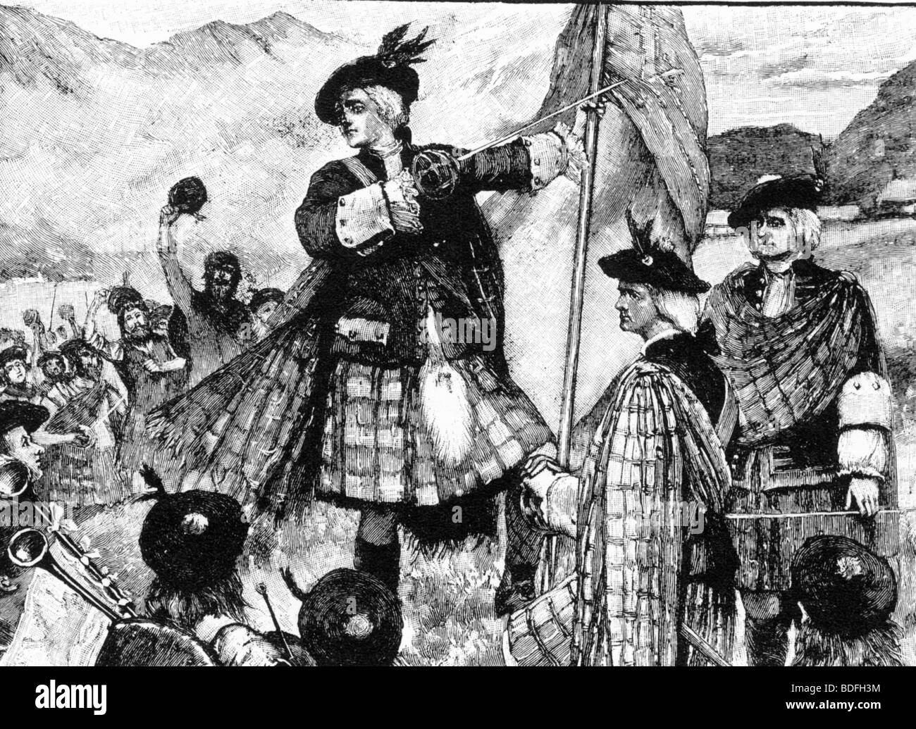 Il conte DI MAR - "bobbing John' - solleva la bandiera dei Giacobiti nel Scottish rivolta del 1715 Foto Stock