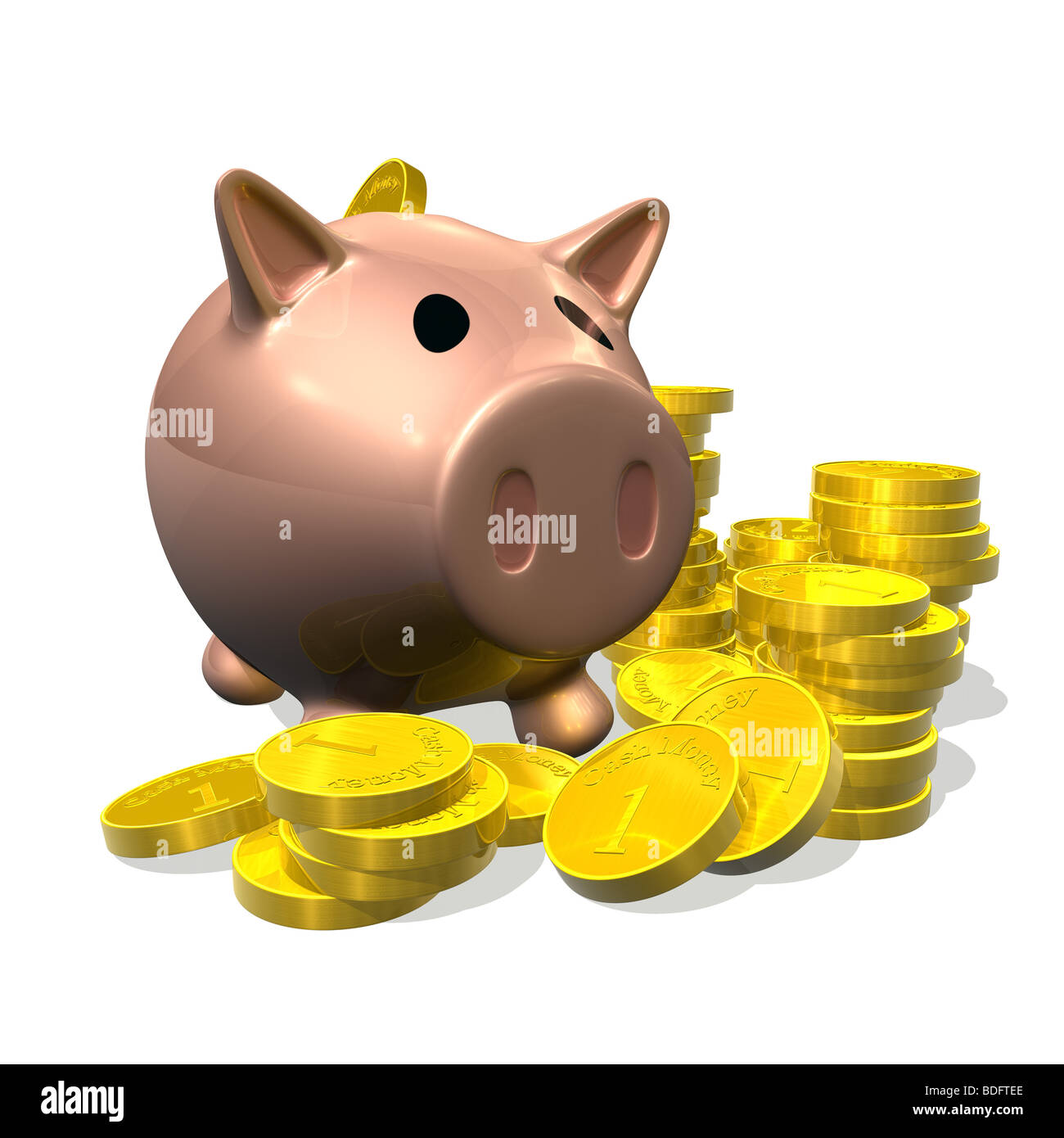 3d reso illustrazione di un cartoon piggybank con monete d oro Foto Stock