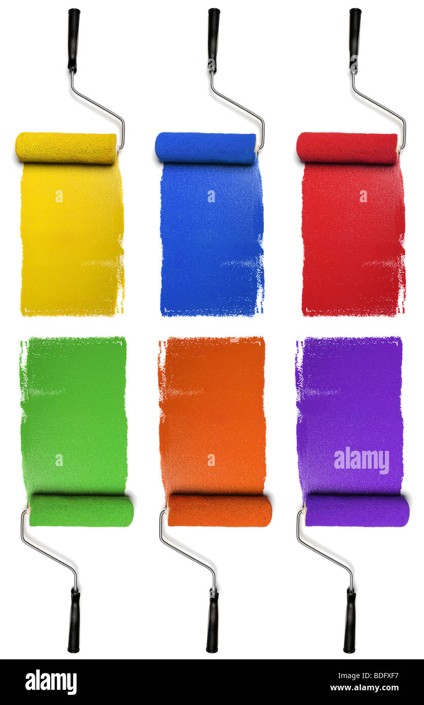 I rulli di verniciatura con colori primari e secondari isolati su sfondo bianco Foto Stock
