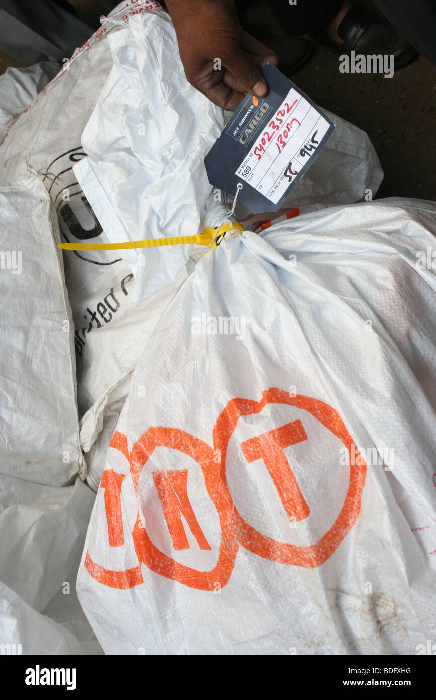 TNT la logistica del trasporto merci cargo air bag Aeroporto di Mumbai Foto Stock