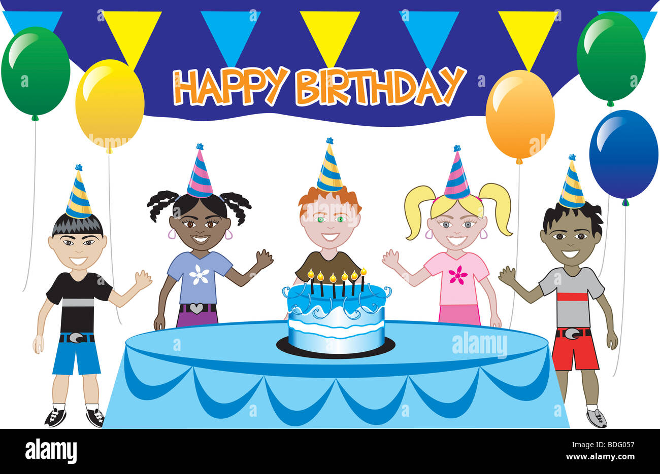 Una festa di compleanno con torta. Cinque giovani felici i bambini per celebrare. Può essere usato come un invito. Vettore. Foto Stock