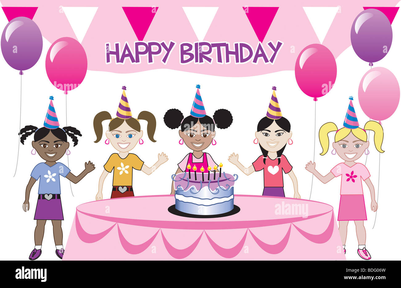 Una festa di compleanno con torta. Cinque giovani felici i bambini per celebrare. Può essere usato come un invito. Foto Stock