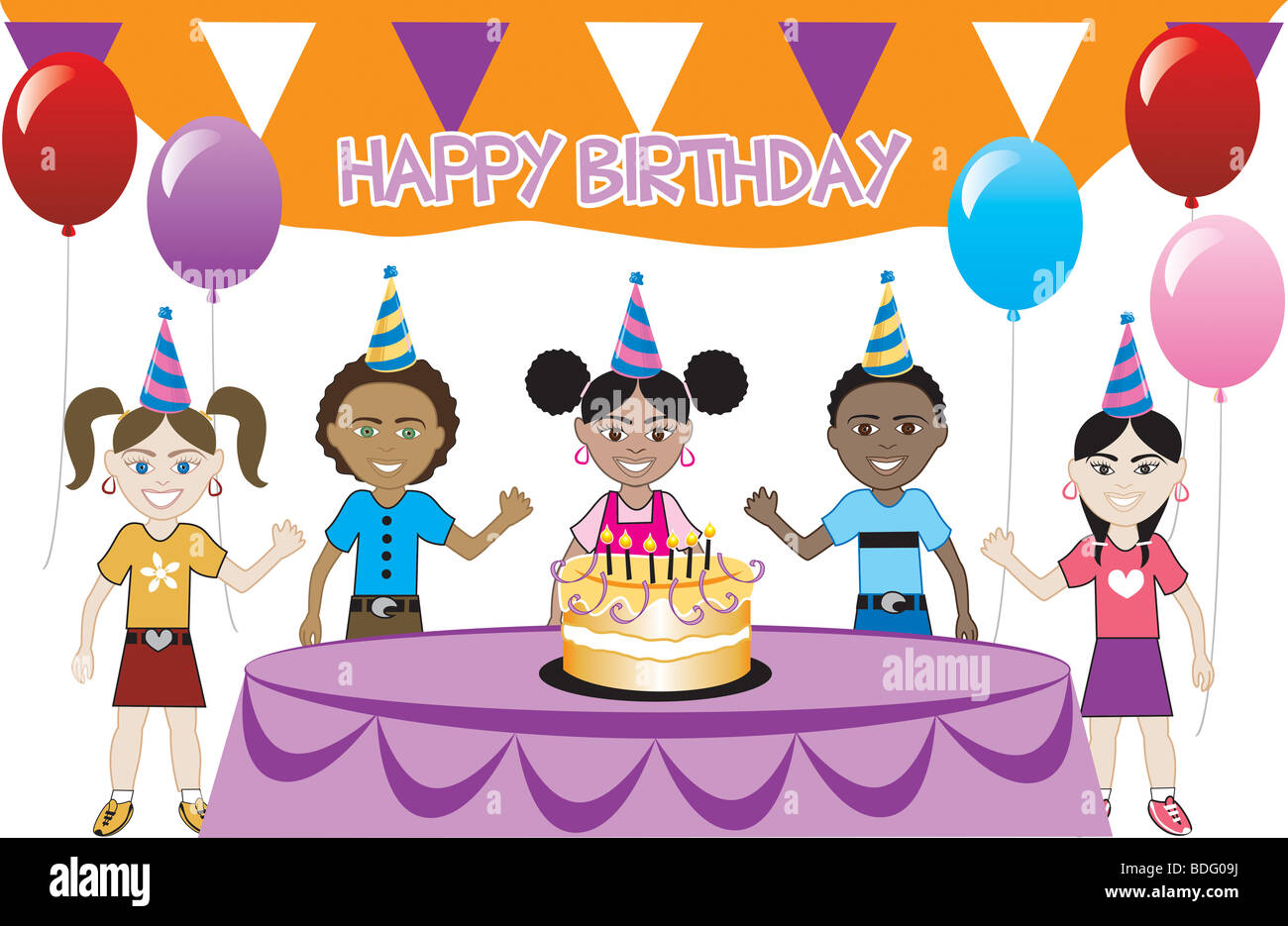 Una festa di compleanno con torta. Cinque giovani felici i bambini per celebrare. Può essere usato come un invito. Vettore Foto Stock