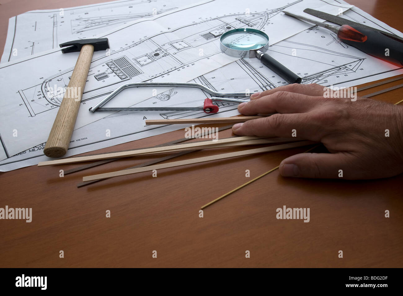 Piano di costruzione di un modello della vecchia nave Foto Stock