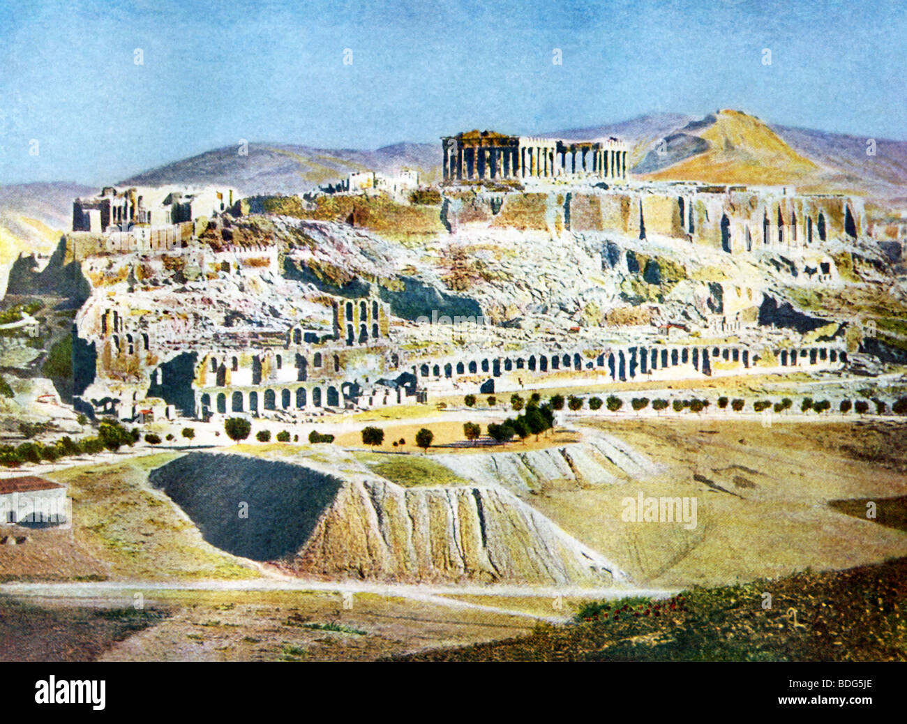 Questa illustrazione, risalente al 1905, mostra il Partenone (al centro in alto), con altro edificio rimane sull'Acropoli. Foto Stock