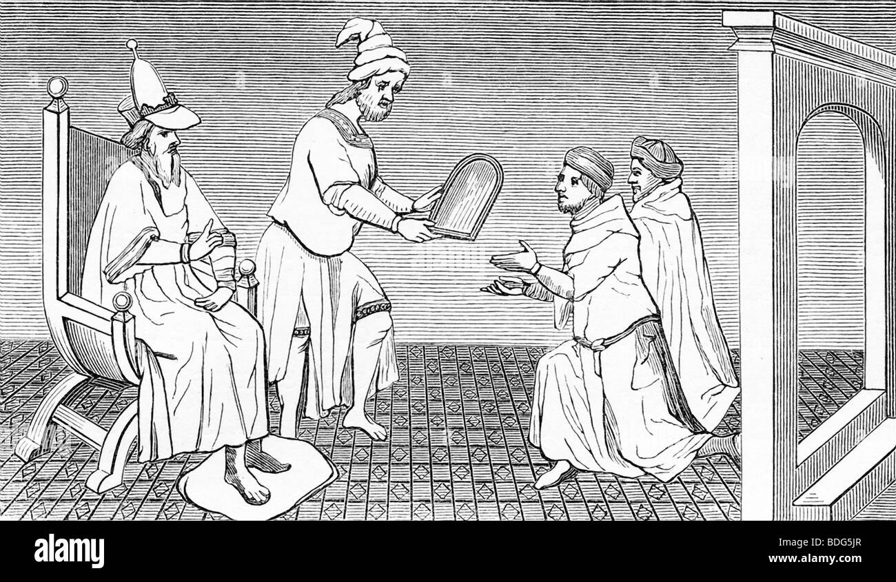 Kublai Khan dà i fratelli Polo un 'p'ai-tzu,' o tablet ufficiale delle autorità. Marco Polo è stato dato anche un tablet. Foto Stock