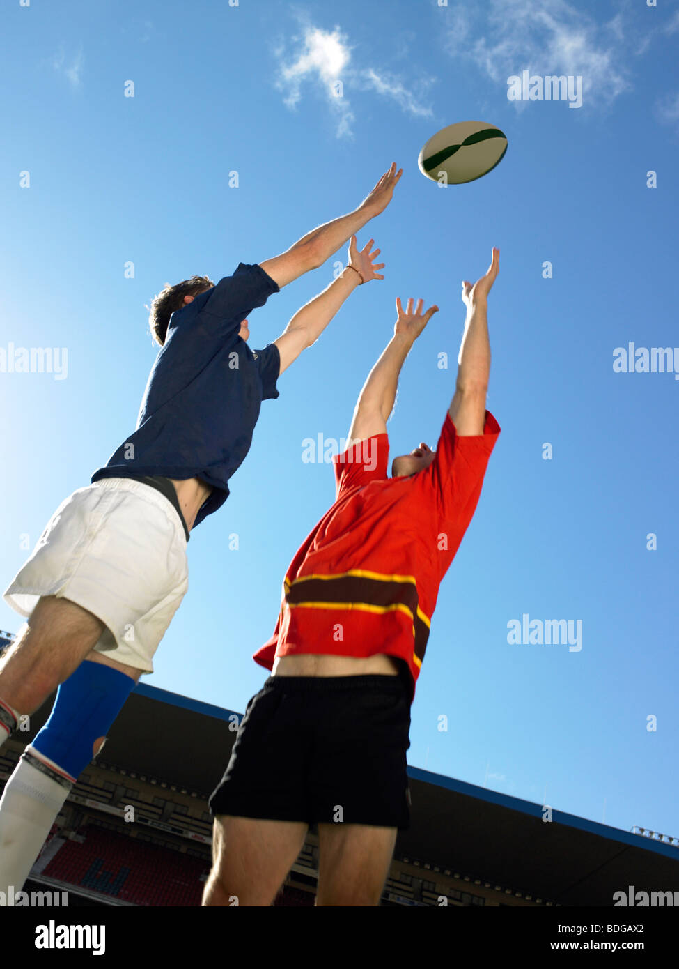 Giocatori di Rugby jumping per la sfera Foto Stock