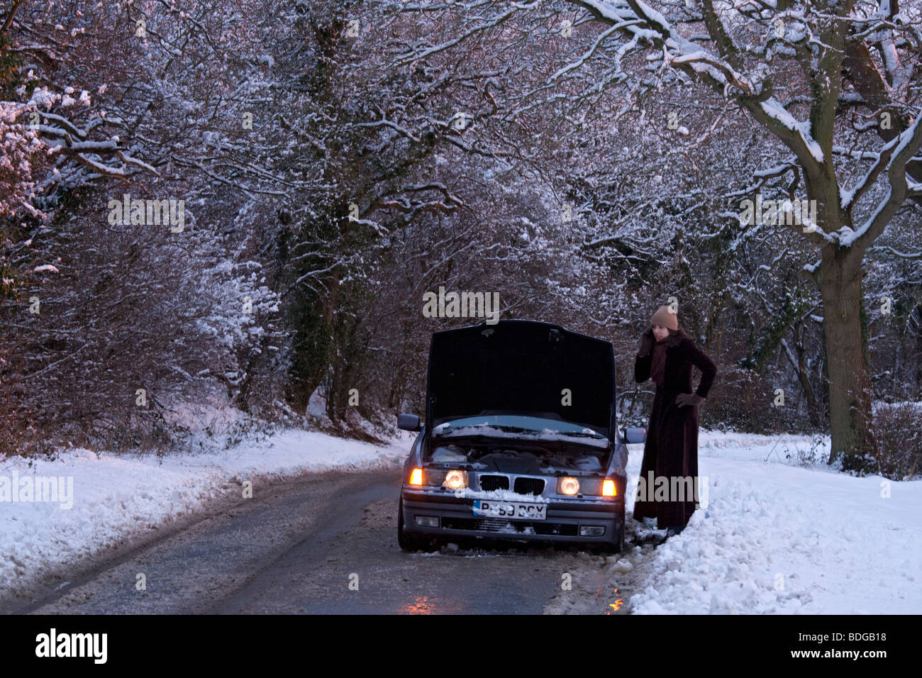 Le donne sul suo proprio con ripartiti in auto nella neve,arenati su telefono cellulare tenta di ottenere aiuto per sistemarla. Foto Stock