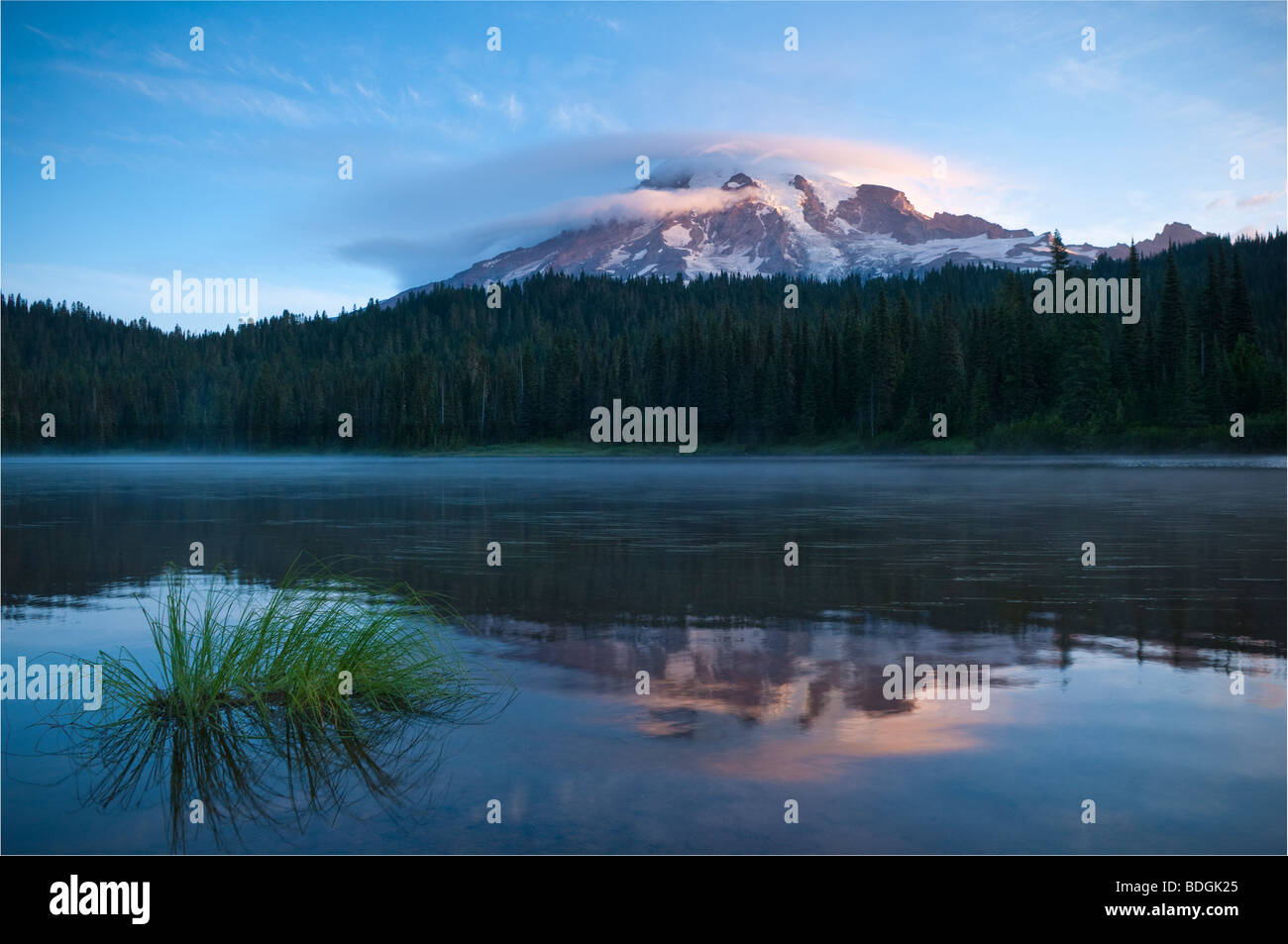 Mount Rainier con cloud lenticolare dalla riflessione lago; il Parco Nazionale del Monte Rainier, Washington. Foto Stock