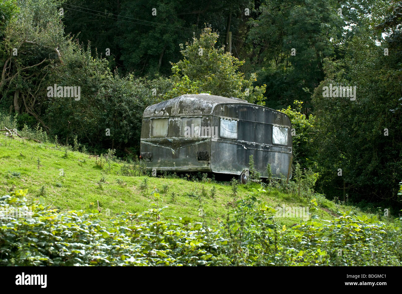 Abbandonato il vecchio roulotte su Brown Clee hill Shropshire Foto Stock