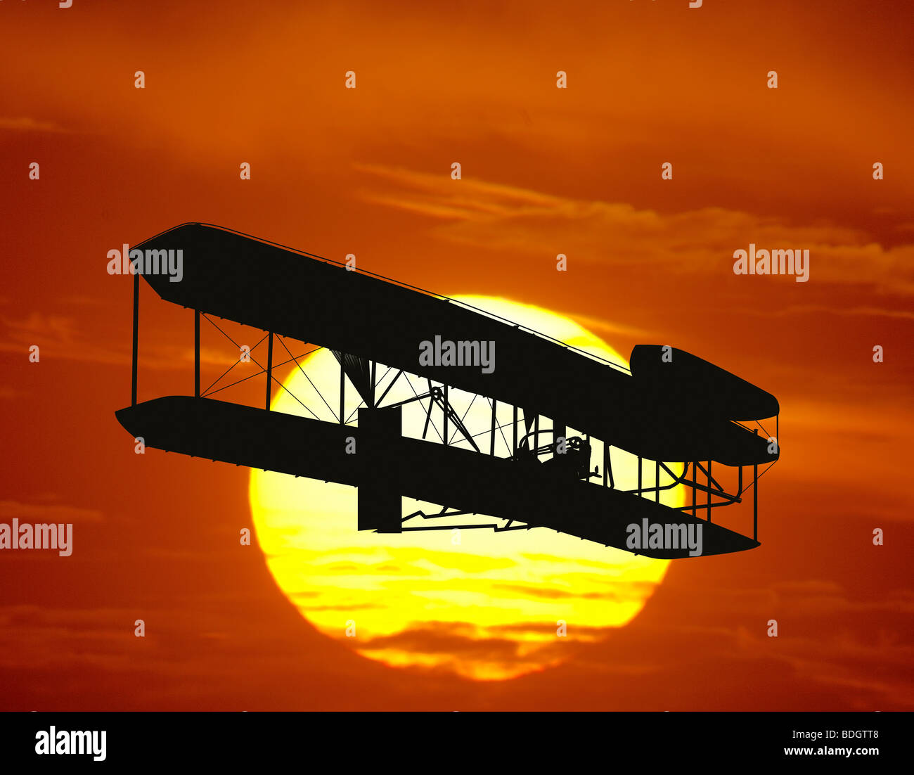 Replica dei fratelli Wright aereo miscelato sul tramonto Foto Stock