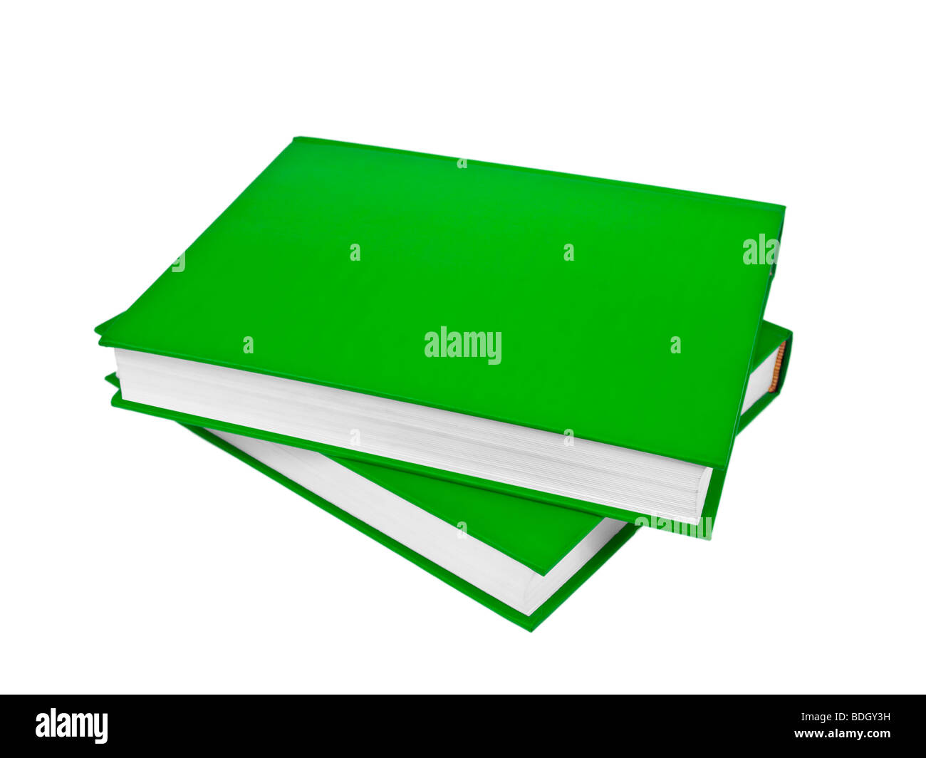 Due libri verdi isolati su sfondo bianco. Foto Stock