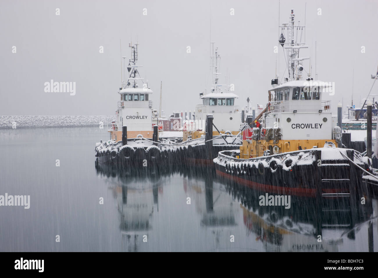 Crowley rimorchiatori in Seward Boat Harbour durante un inverno tempesta di neve, Alaska. Foto Stock