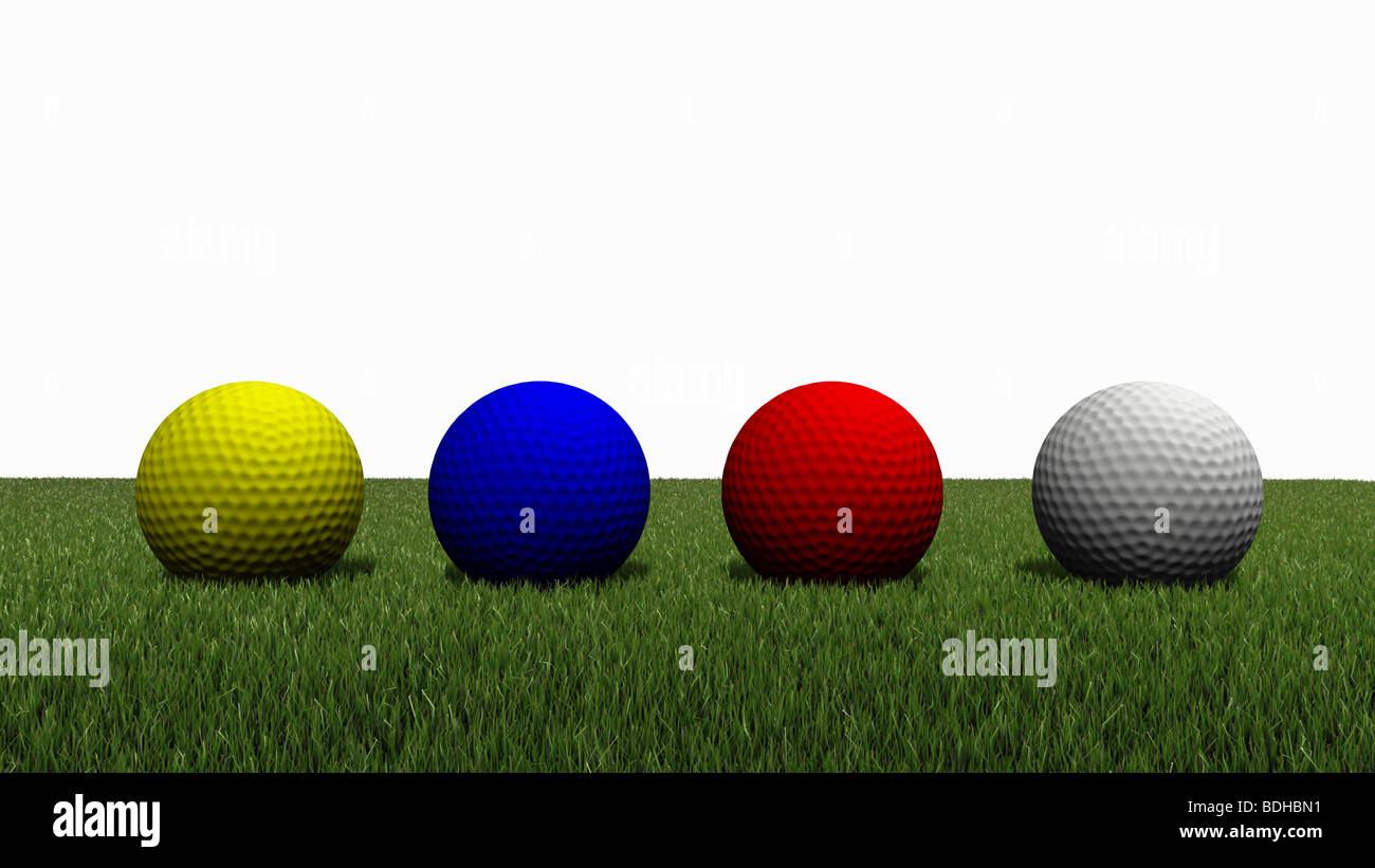 Rendering 3D colorato di golfball sull erba verde con sfondo bianco Foto Stock