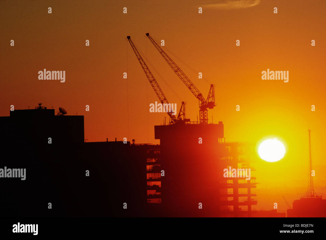 Office Constuction, gru, Silhouette al tramonto Foto Stock