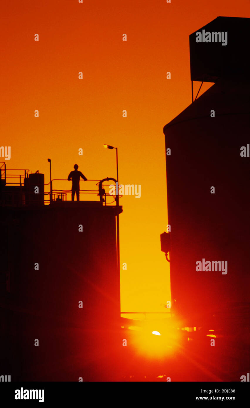 Miniere di minerale, impianto di trasformazione, Sunset Silhouette, lavoratori Foto Stock