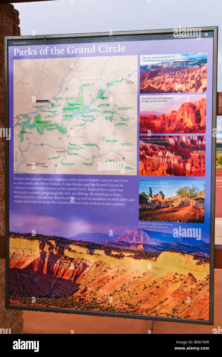 Indicazioni interpretative al Kolob Canyon Visitor Center, il Parco Nazionale di Zion, Utah Foto Stock