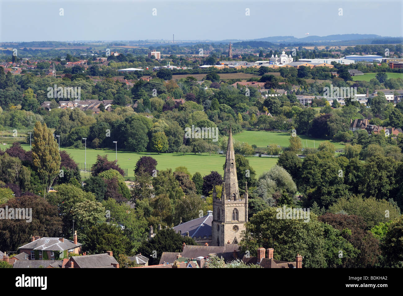 Ampia vista dall'alto del St Mary's Chiesa torre Warwick Inghilterra Foto Stock