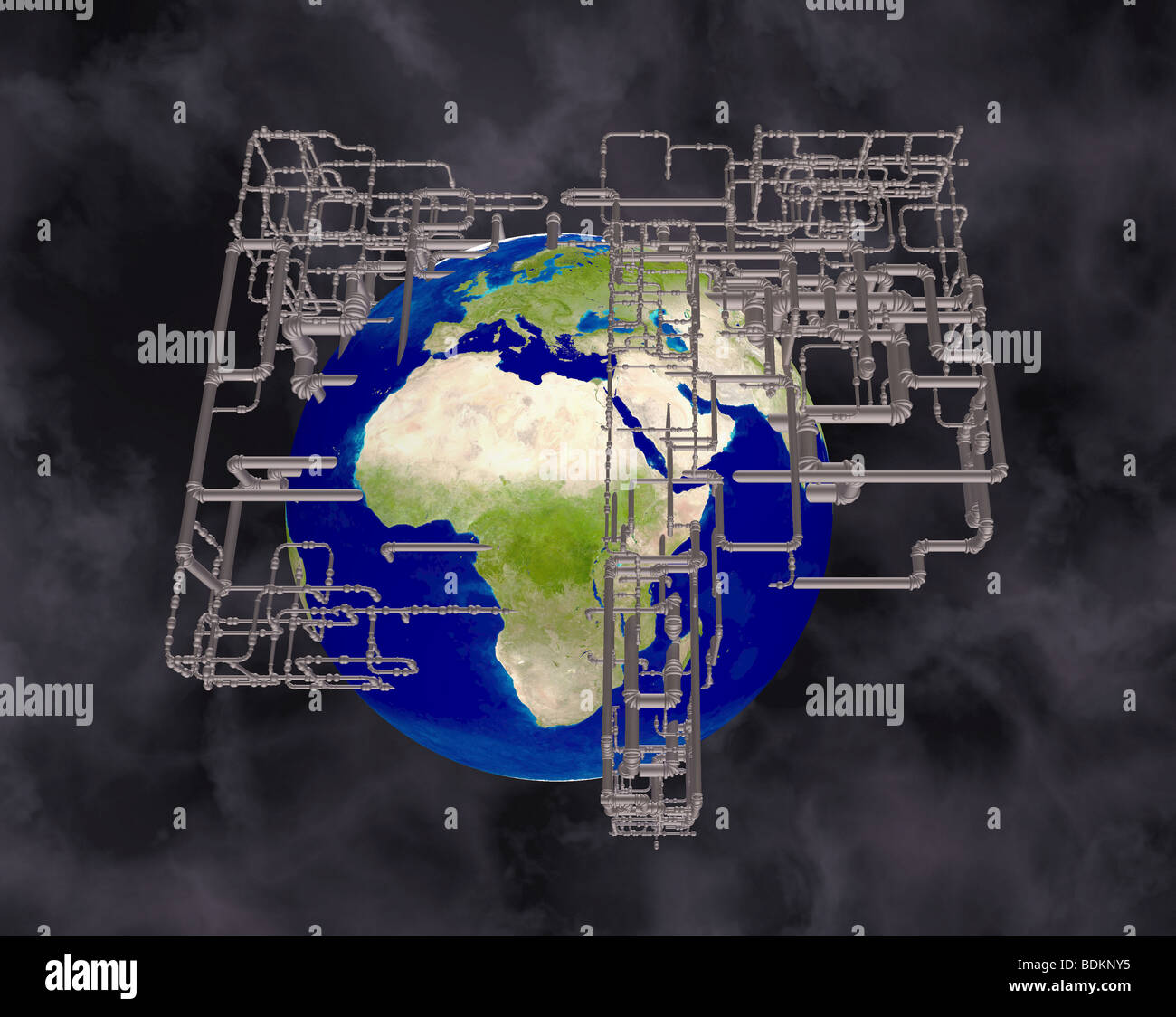 Immagine in computer grafica del pianeta terra circondata da una rete di tubazioni, suggerendo i rifiuti tossici o le raffinerie di petrolio Foto Stock
