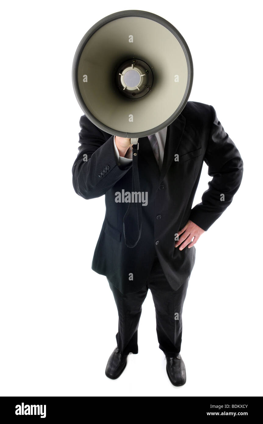 Imprenditore con megafono da un elevato angolo di visione Foto Stock