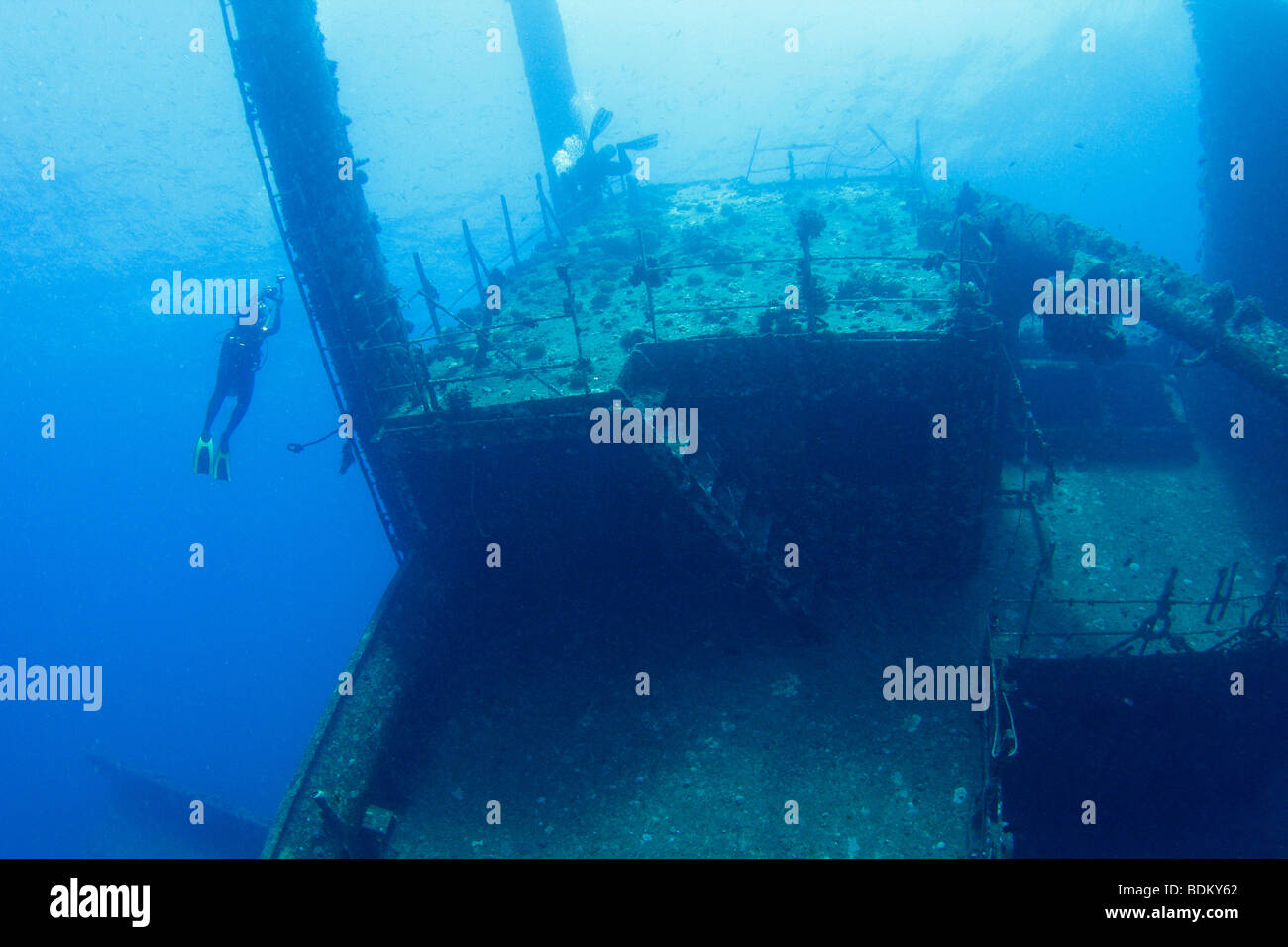 Due subacquei ad esplorare la poppa del naufragio di Ghiannis D, con fotocamera osservando dal basso fino alla superficie dell'acqua. Foto Stock