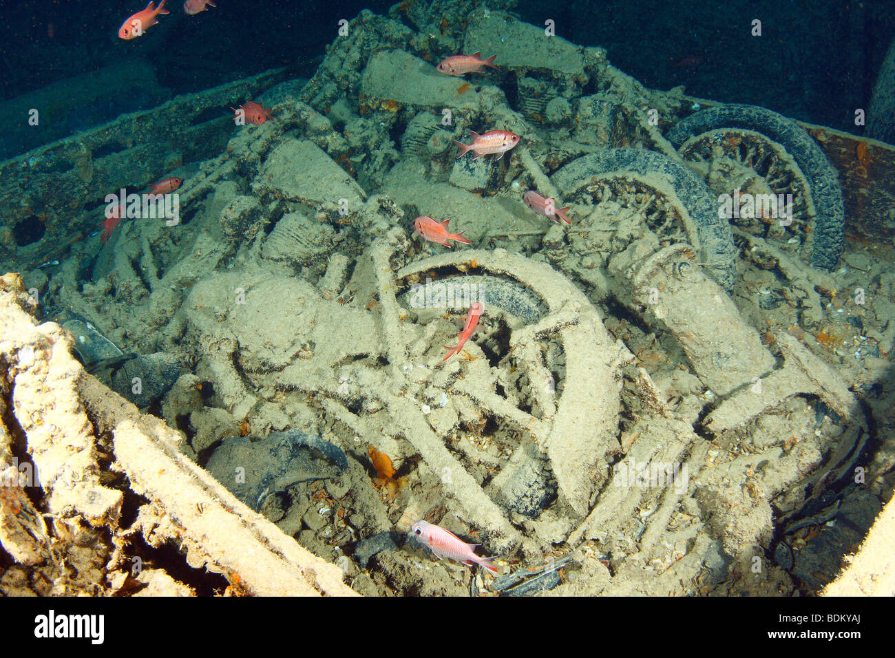 Carrello caricato con i motocicli trova int uno di stive di carico all'interno del relitto del Thistlegorm. Foto Stock