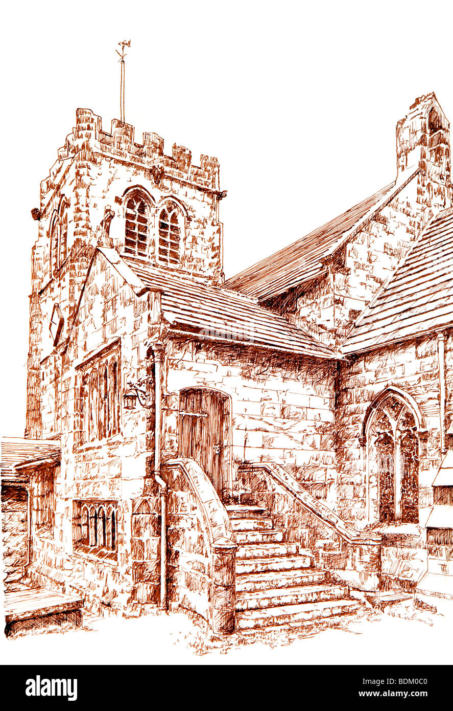 Regno Unito, Cheshire, Nether Alderley, Saint Marys Chiesa Parrocchiale, esterna passi a Stanley Pew ingresso privato seppia disegno della linea Foto Stock