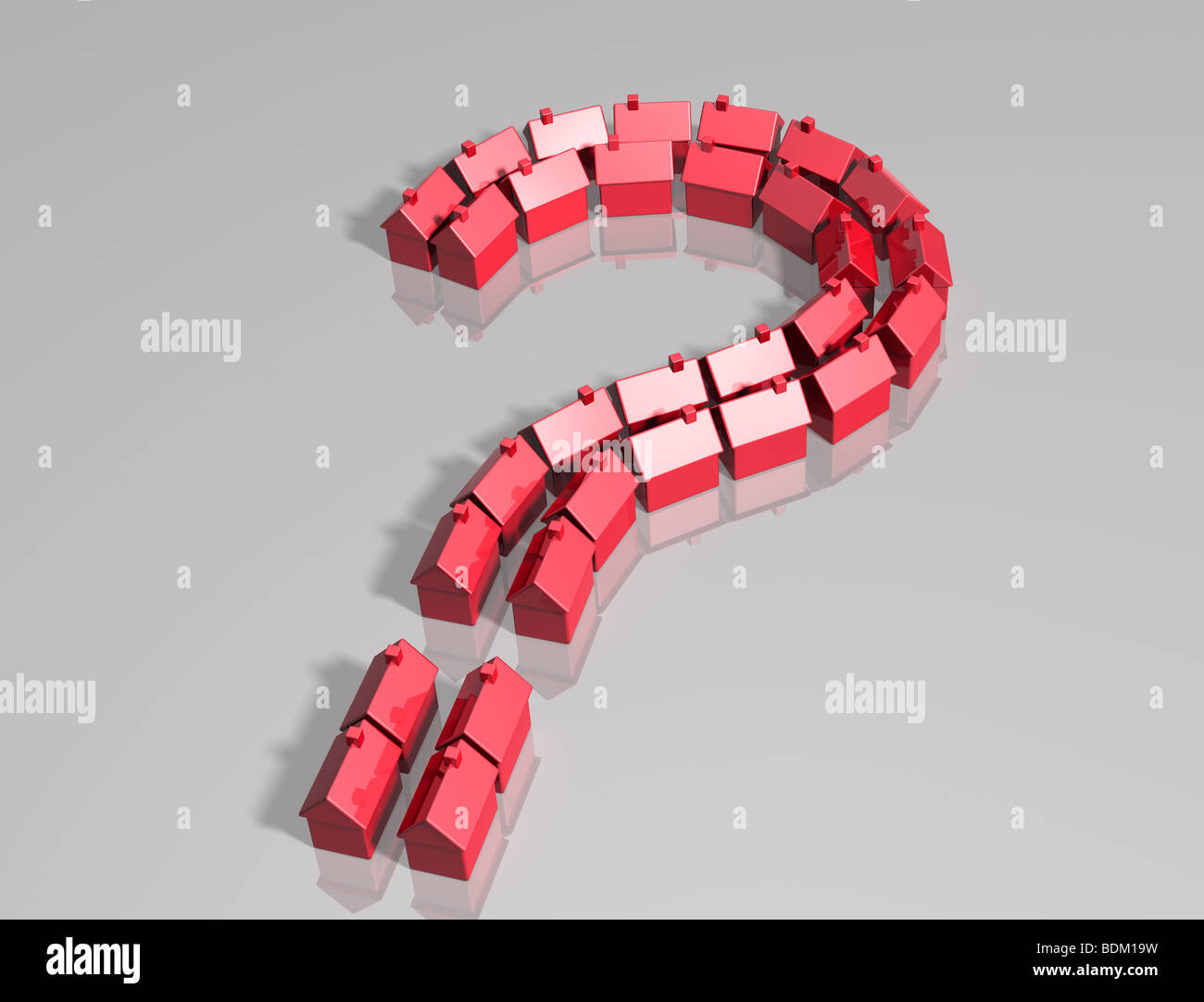 Mercato di alloggiamento illustrata da piccole case a forma di punto interrogativo Foto Stock