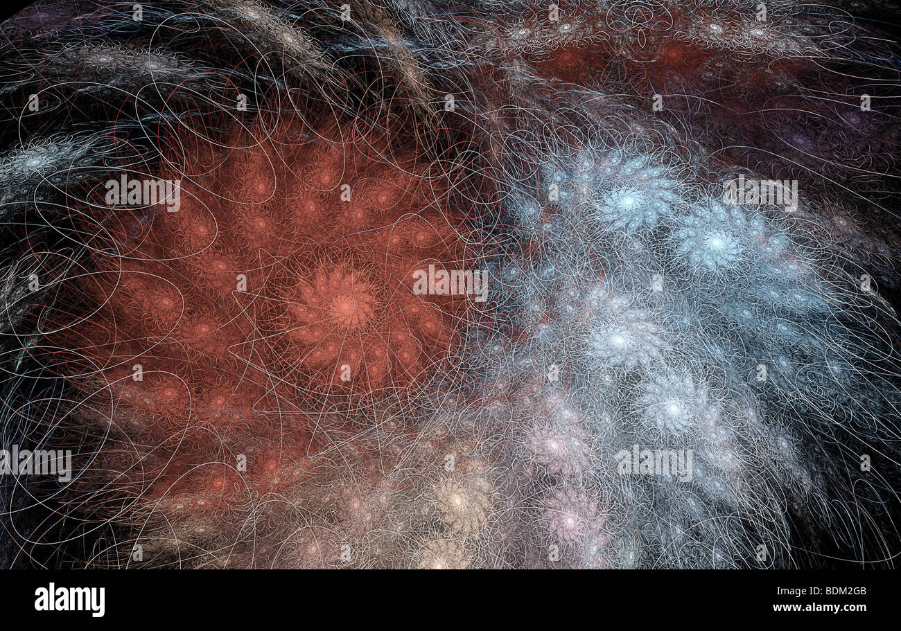 Computer immagine generata di un frattale di fiamme. Il frattale fiamme sono un membro della funzione iterata classe di sistema di frattali Foto Stock