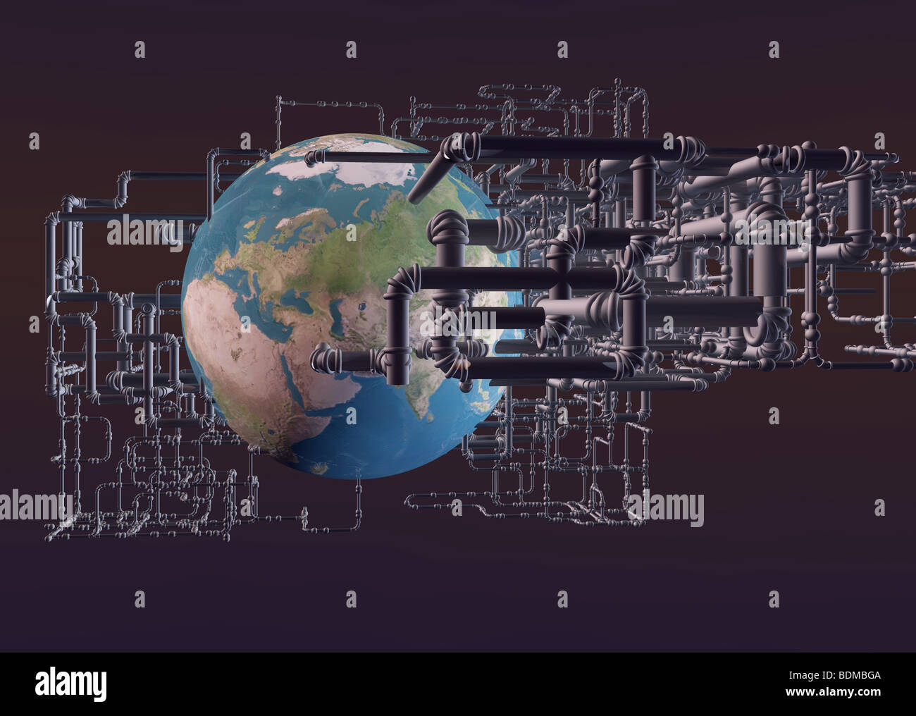 Immagine in computer grafica del pianeta terra circondata da una rete di tubazioni, suggerendo i rifiuti tossici o le raffinerie di petrolio Foto Stock