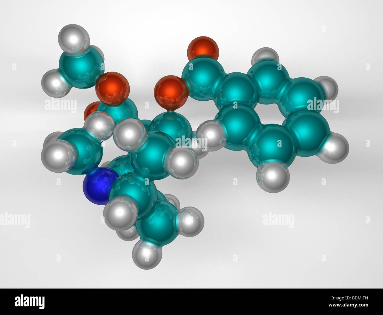 Tridimensionale, riempimento spaziale, generato da calcolatore modello molecolare di cocaina Foto Stock