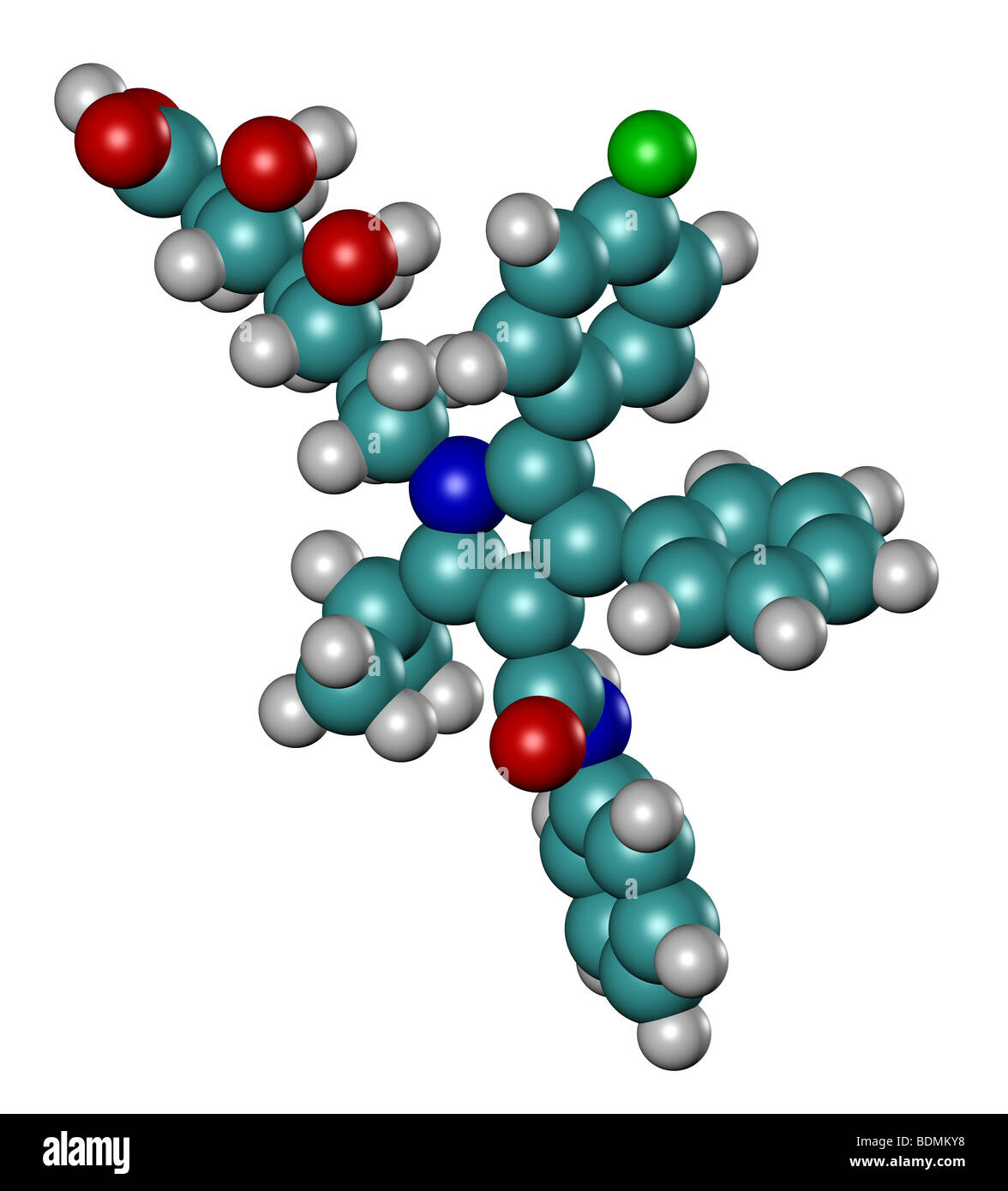 Modello tridimensionale (atorvastatin Lipitor), un membro della statina classe di farmaci che abbassano il colesterolo nel sangue. Foto Stock