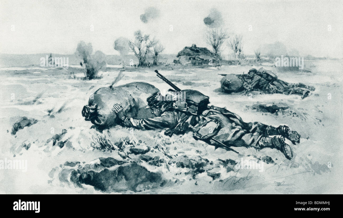 Scavo di difese utilizzate come copertura per far avanzare le truppe. Soldati francesi il rotolamento dei sacchi di sabbia prima di loro quando si muove contro il nemico. Foto Stock