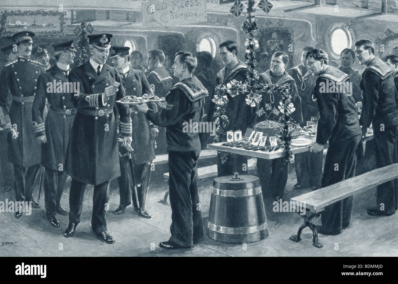 Il giorno di Natale a bordo di una nave nel mare del Nord durante la Prima Guerra Mondiale. Il capitano campioni uomini del cibo. Foto Stock