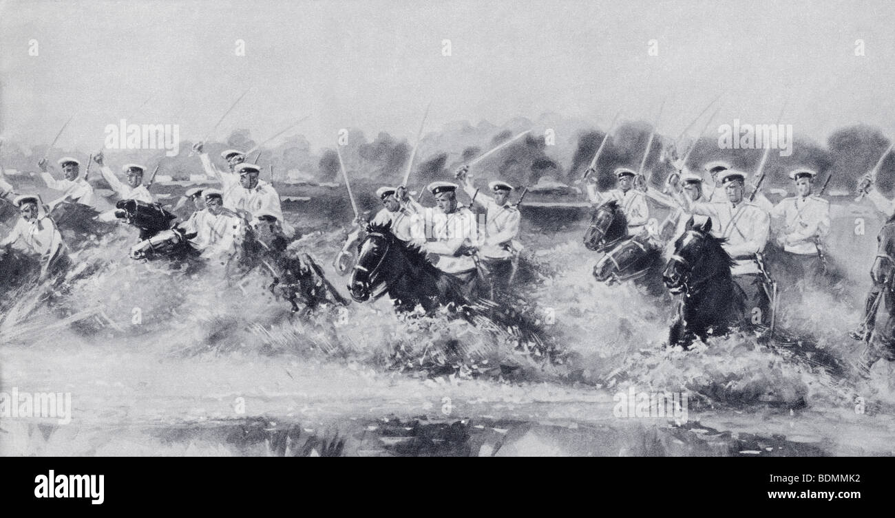Il russo carica di cavalleria contro i tedeschi a Gumbinnen, Prussia orientale sul fronte russo durante la Prima Guerra Mondiale. Foto Stock