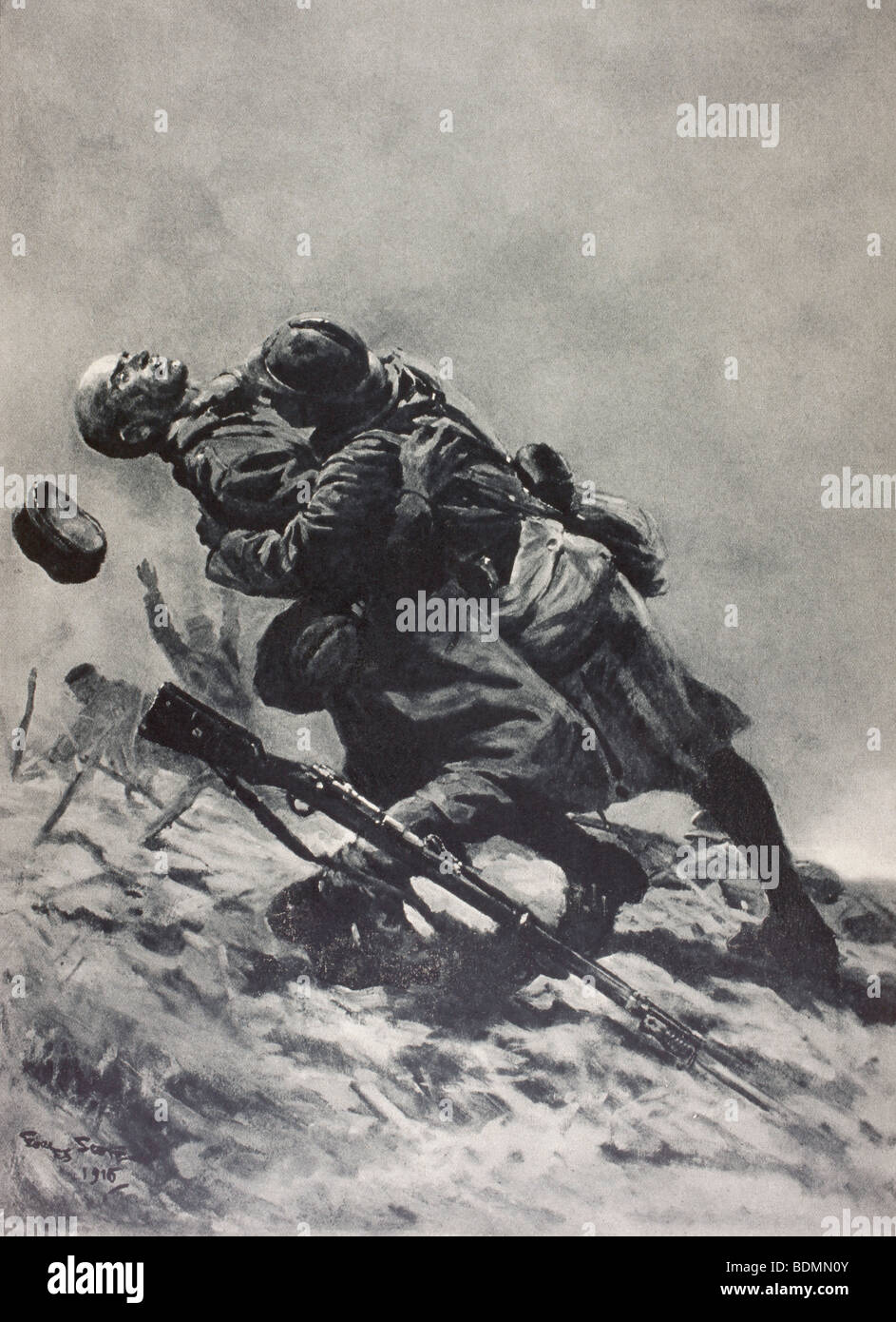 Un Francese e un soldato tedesco si scontrano in combattimenti a mani nude nella terra di nessuno sul fronte occidentale. Foto Stock