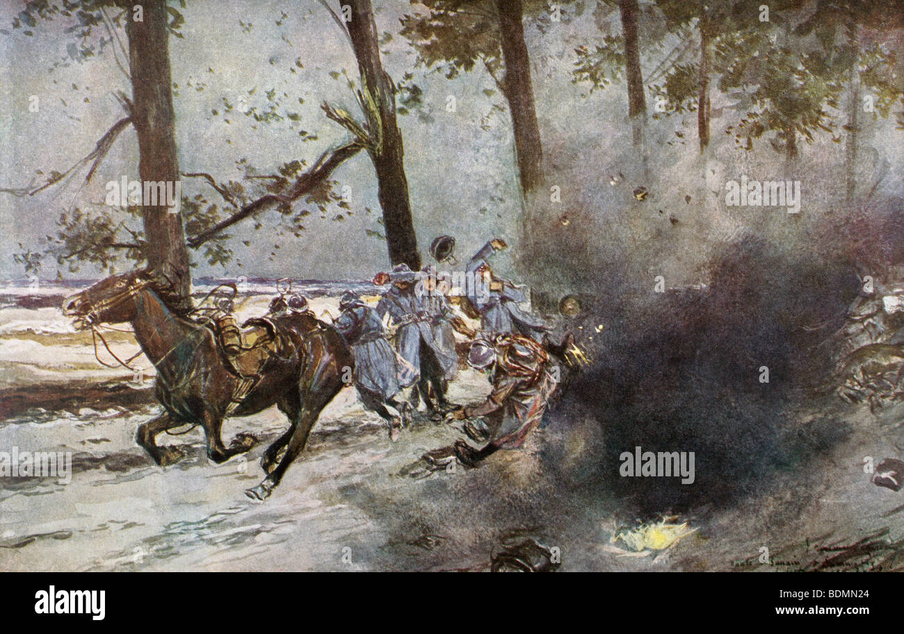 Un guscio di artiglieria esplode tra i soldati francesi durante la Prima Guerra Mondiale. Foto Stock