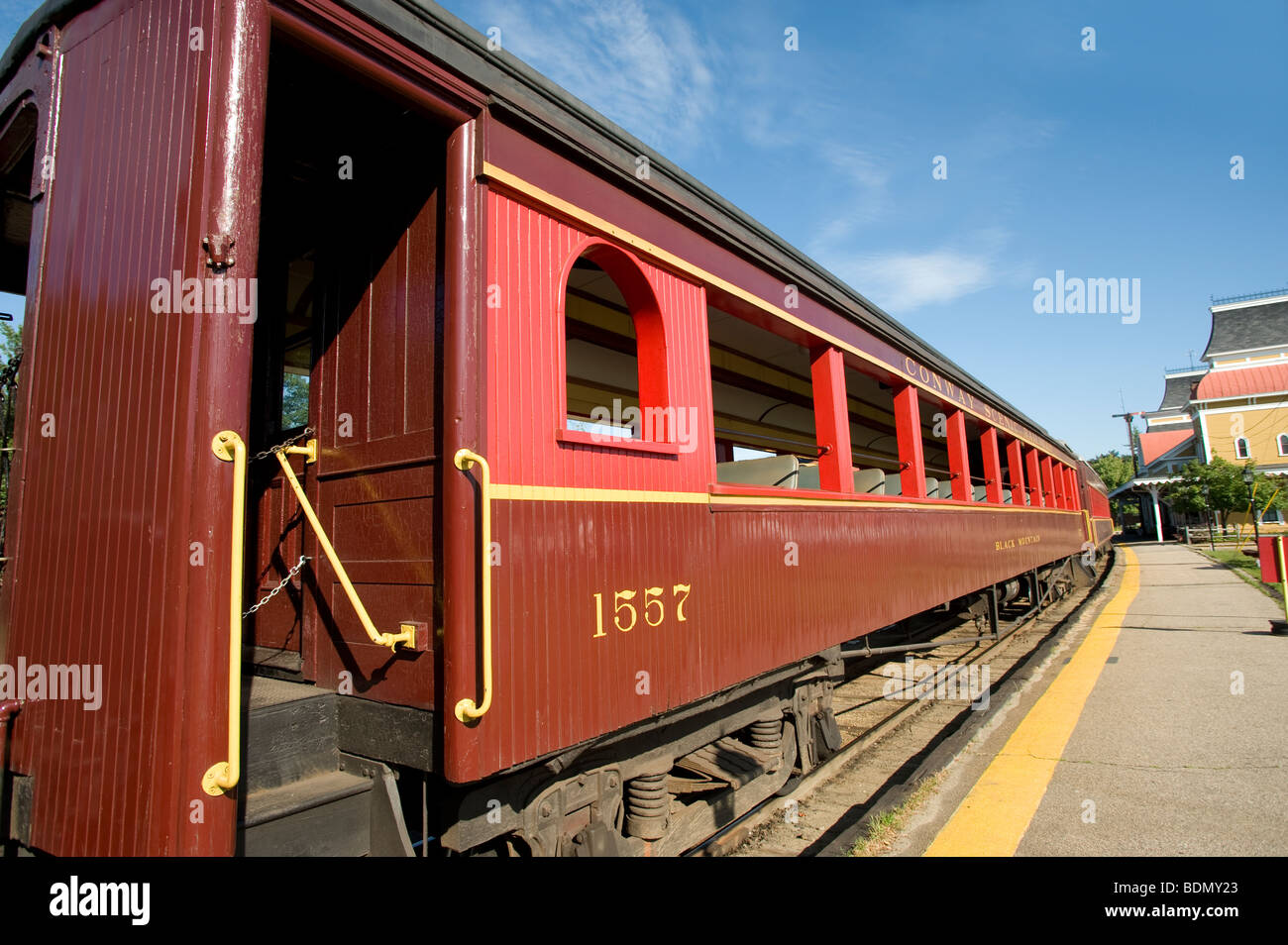 North Conway NH railroad station una pietra miliare storica nazionale, Conway Scenic Railroad auto Pullman Foto Stock