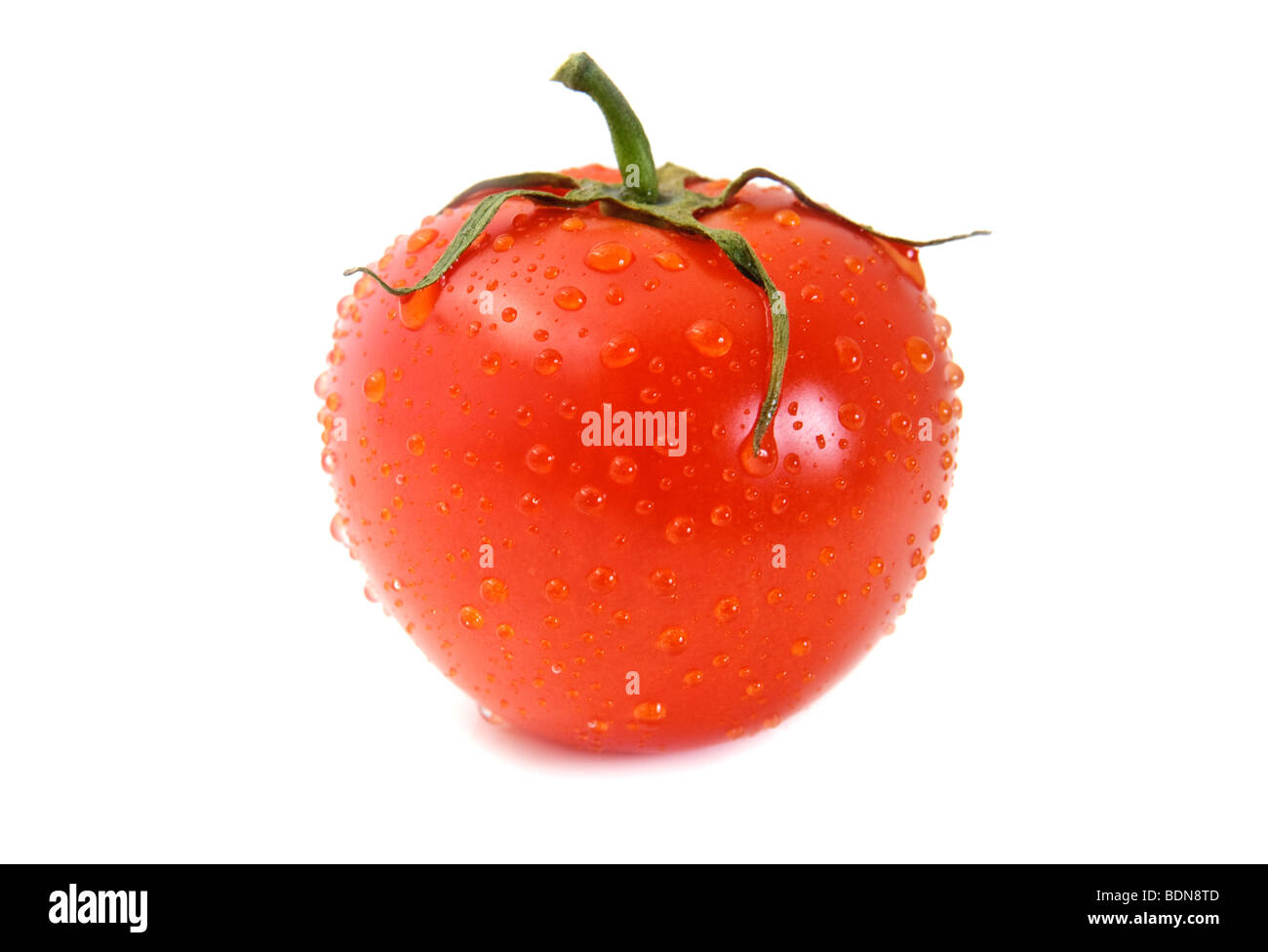 Delizioso pomodoro rosso coperto di gocce d'acqua. Isolato Foto Stock