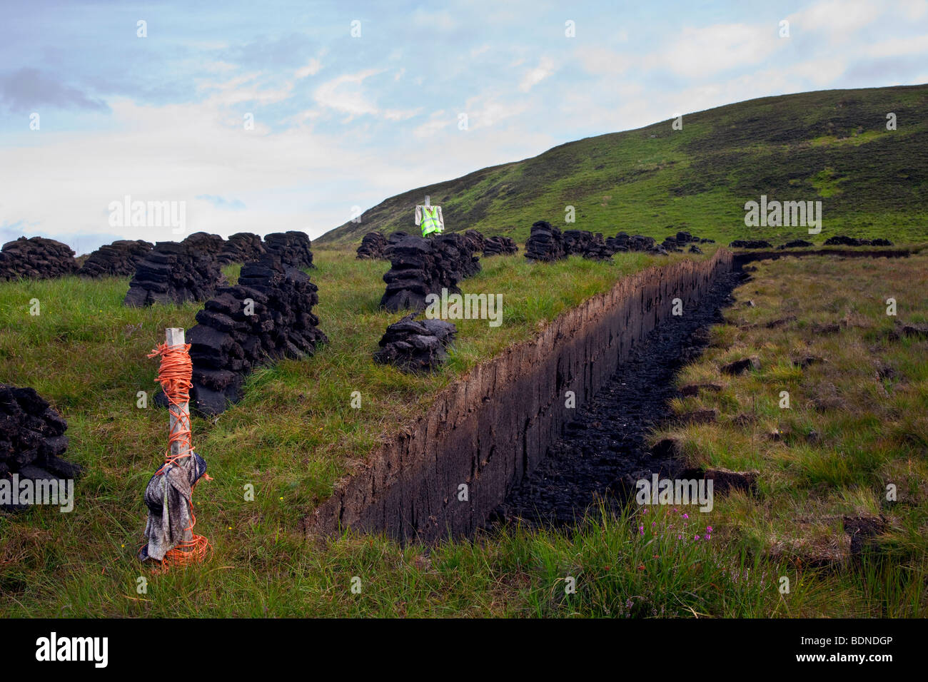 Tradizionale taglio scozzese della torba per il carburante e l'essiccazione negli altopiani. Torba Stacks, & Peatlands estrazione del suolo lavorazioni a Sutherland, Scozia, Regno Unito Foto Stock