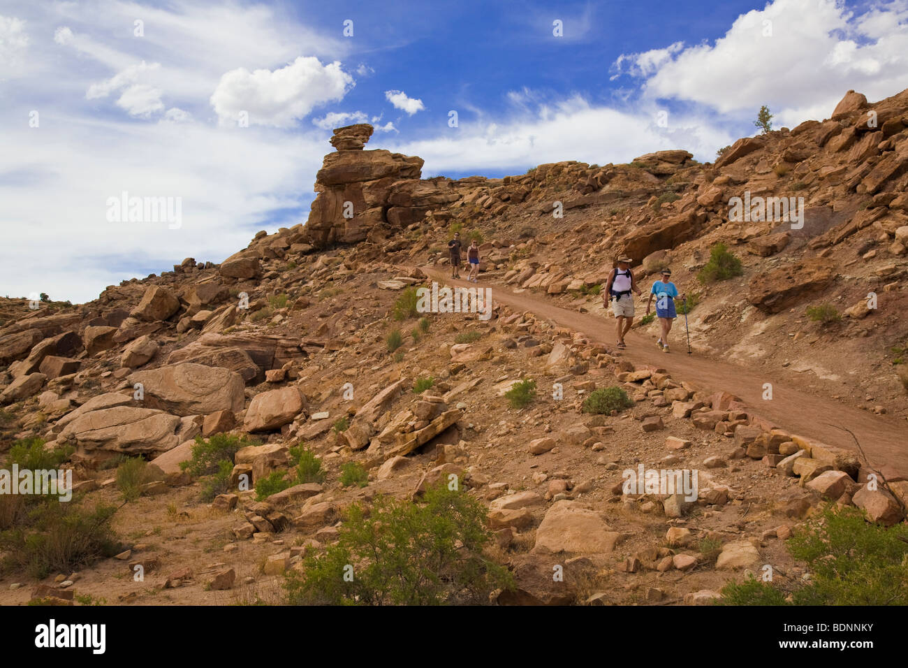 Gli escursionisti sul sentiero per Delicate Arch, Arches National Park, Moab, Utah, Stati Uniti Foto Stock