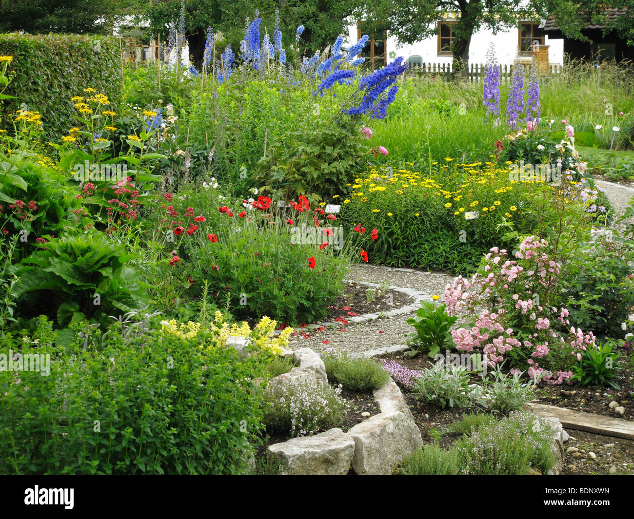 Visualizza giardino Seeshaupt, Alta Baviera, Baviera, Germania, Europa Foto Stock