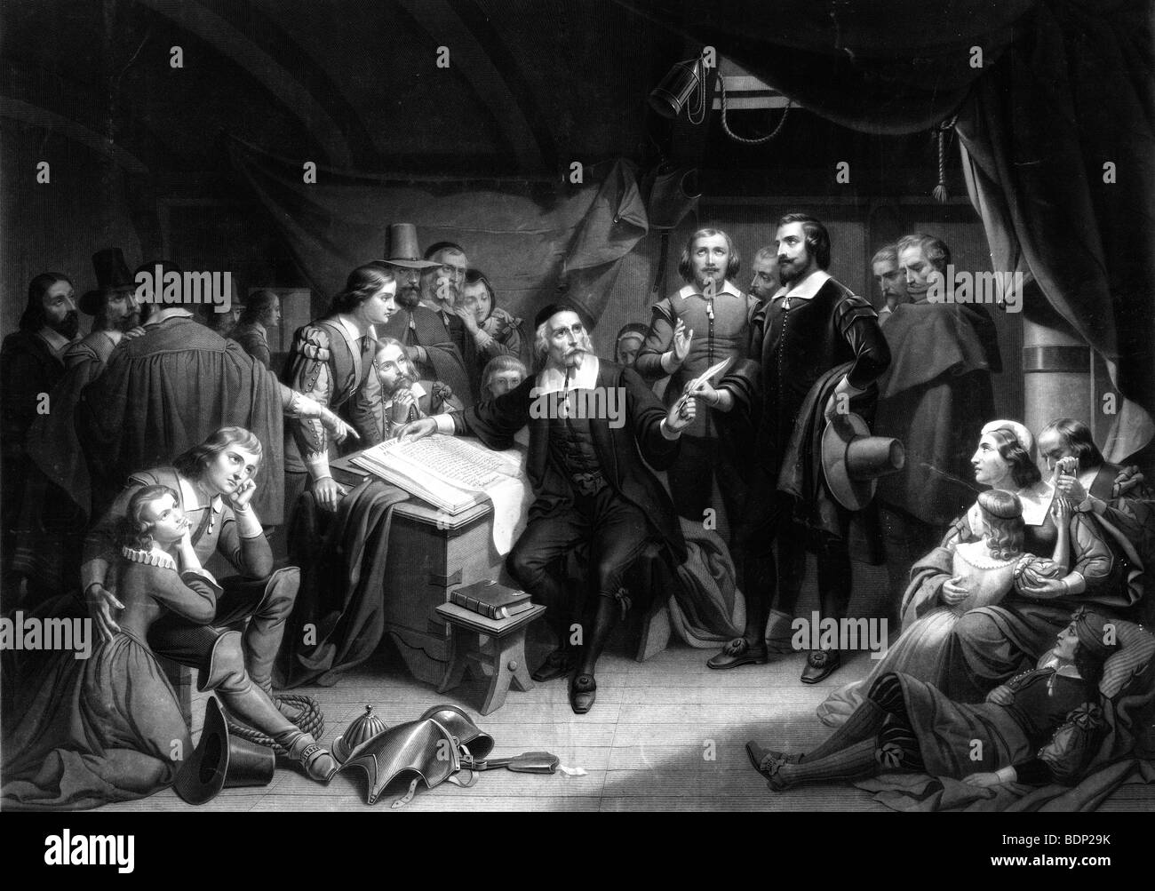 I pellegrini firma la compatta, a bordo del MayFlower, nov. 11th, 1620 Foto Stock