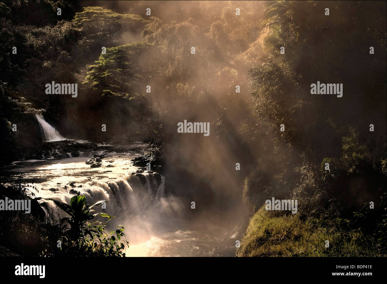 Una piccola cascata nella giungla con raggi solari Foto Stock