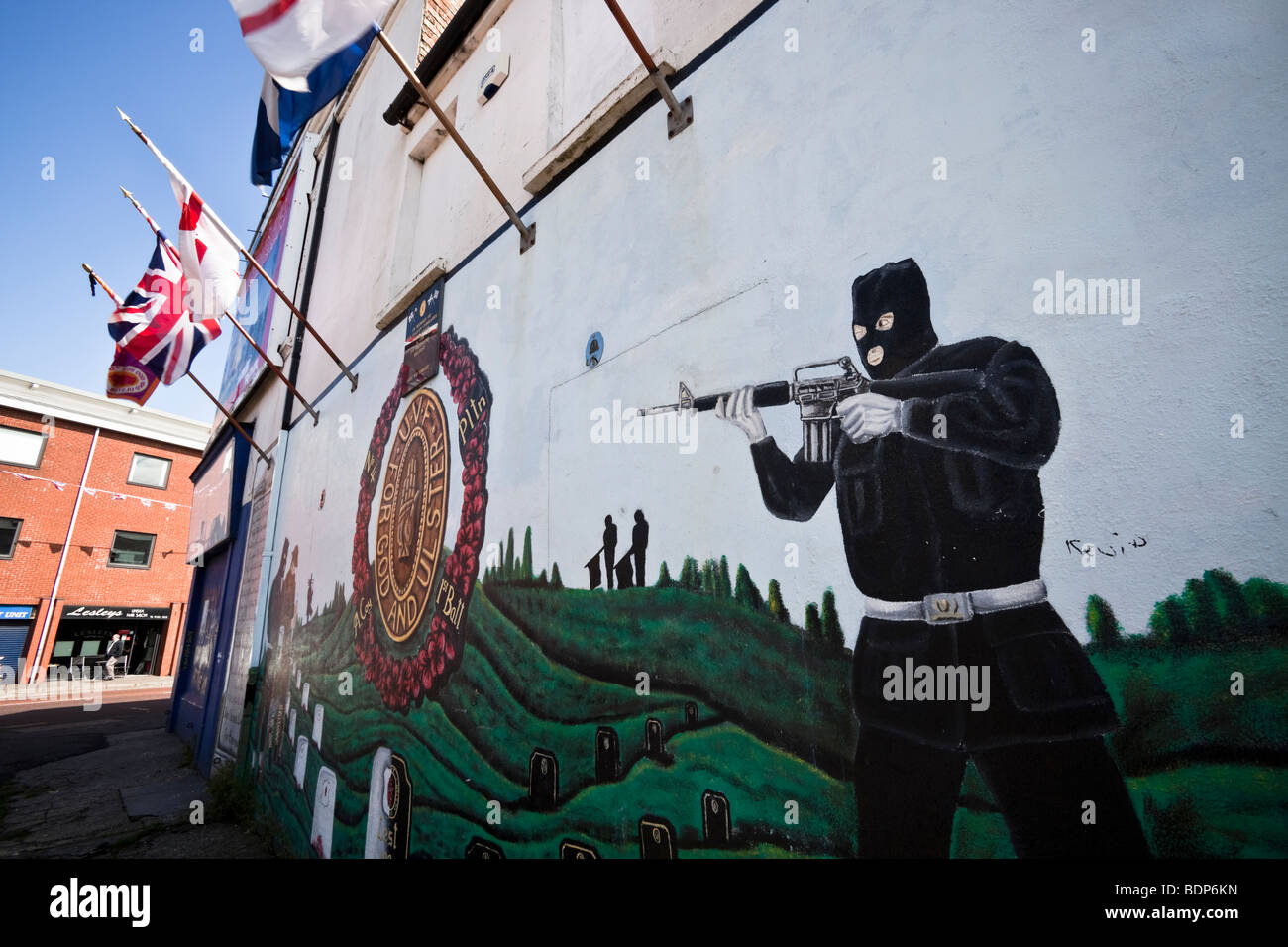 Lealisti protestanti murales lungo la Shankill Road, Belfast, Irlanda del Nord Foto Stock